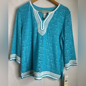 Alfred Dunner Turks & Caicos Aqua Blue Crochet 3/4 sleeves Top Size Medium P